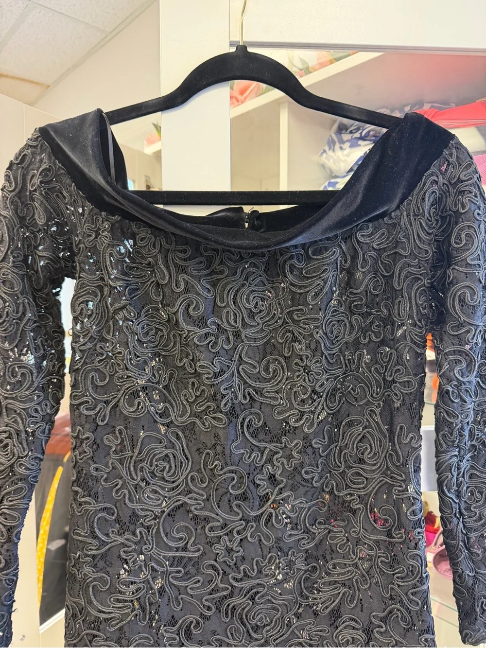 Anne Fontaine Lace Embroidered Semi Sheer Dress Velvet Collar Black Sz 38 US 4 6